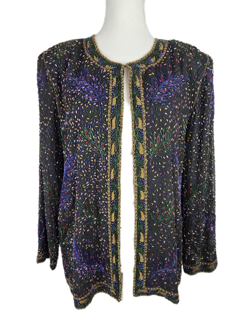 Vintage Laurence Kazar Silk Embellished Black Beaded Open-Front Jacket